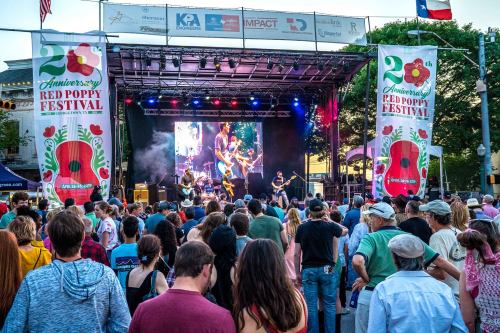 A lively crowd enjoys a performance at the 20th Anniversary Red Poppy Festival, with colorful banners and a stage backdrop.