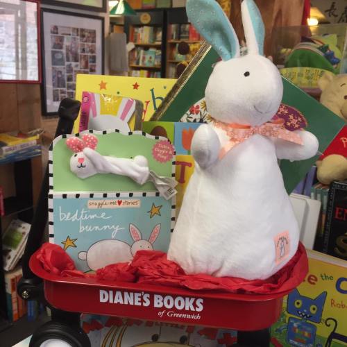 A plush bunny and a children's book titled "Bedtime Bunny" in a red wagon at a bookstore.