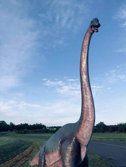 A large, colorful dinosaur statue with a long neck stands in a grassy area under a blue sky.