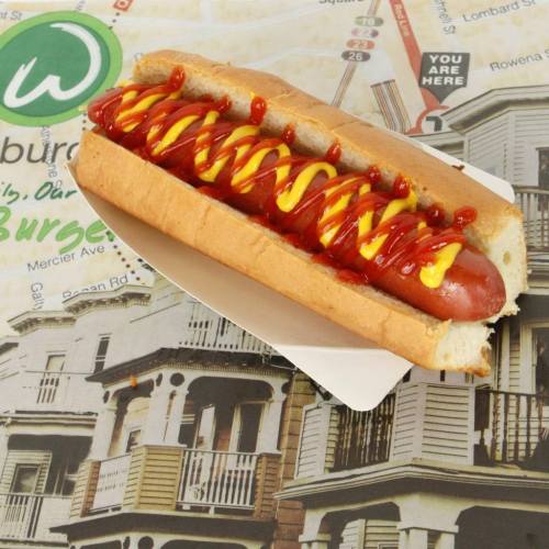 A hot dog in a bun topped with mustard and ketchup, placed on a map background.