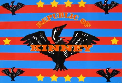 Flag design featuring red and blue stripes, stars, and a black bird with white spots, labeled "Republic of Kinney."
