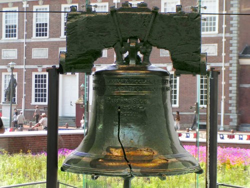 Close-up of the Liberty Bell, displayed in a glass case with a blurred background of visitors and flowers.