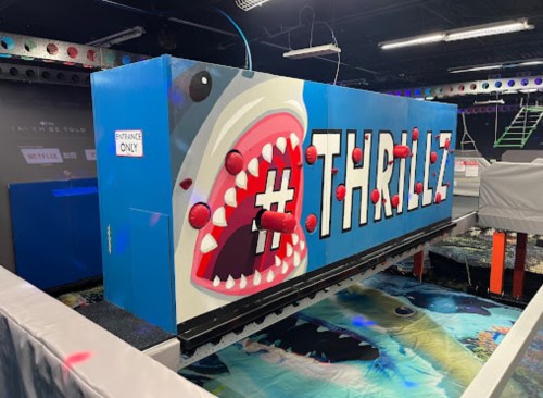 Colorful indoor attraction featuring a large shark mural with the word "#THRILLZ" and a playful, adventurous theme.