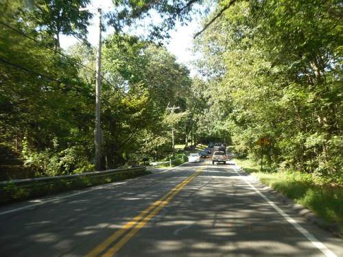 A scenic road lined with trees, featuring vehicles traveling in both directions under a clear blue sky.