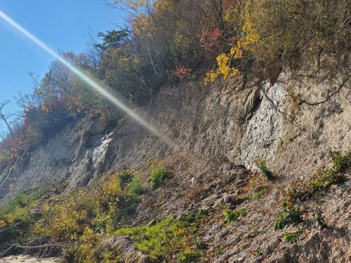 A sunlit cliffside with colorful autumn foliage and greenery at its base against a clear blue sky.