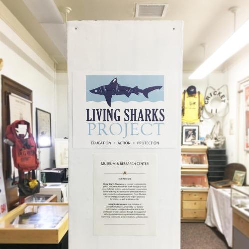 Sign for the Living Sharks Project in a museum, highlighting education, action, and protection for sharks.