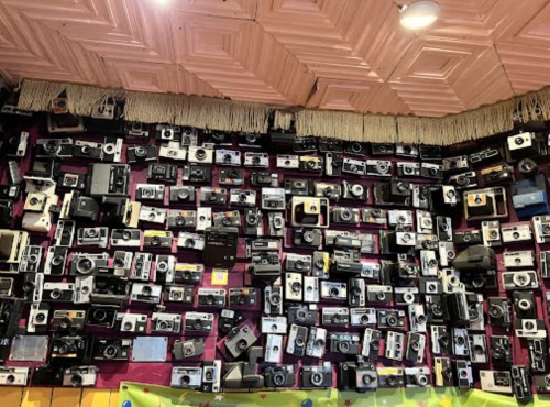 A wall covered with a diverse collection of vintage cameras arranged in a colorful display.