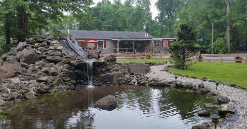 A serene landscape featuring a small waterfall cascading into a pond, surrounded by rocks and greenery, with a building in the background.