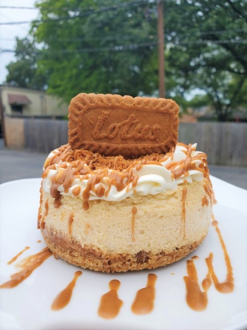 A creamy cheesecake topped with a Lotus biscuit and drizzled with caramel sauce on a white plate.
