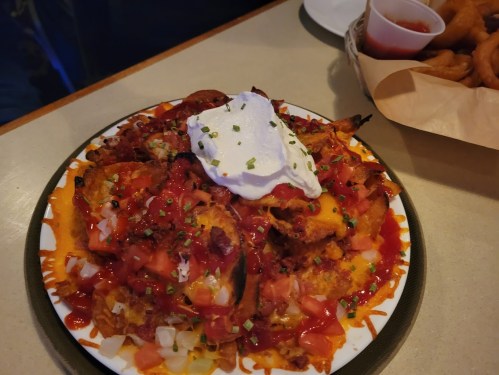 A plate of nachos topped with cheese, diced tomatoes, onions, sour cream, and drizzled with salsa.