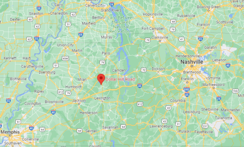 Map showing the area around Dollar Hill Road, located south of Nashville, Tennessee, with nearby towns and highways.