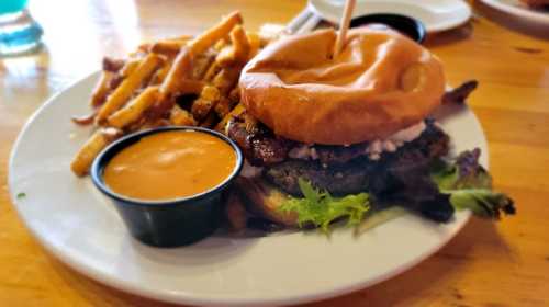 A juicy burger with lettuce and sauce, served with a side of crispy fries on a white plate.