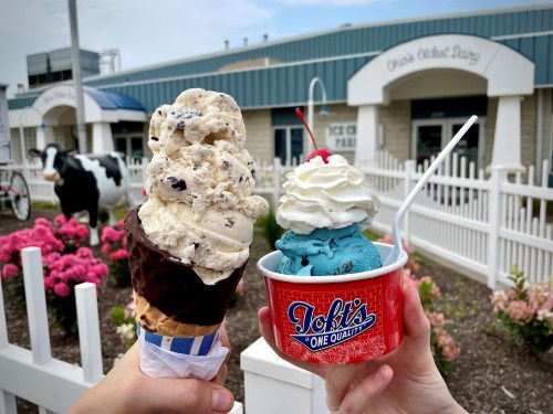 Two hands hold ice cream cones: one with cookies and cream, the other with blue ice cream topped with a cherry, in front of a dairy farm.