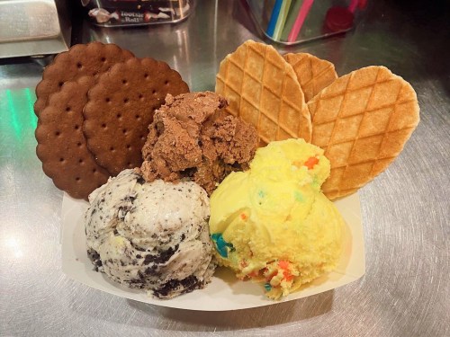 A bowl of ice cream featuring three scoops: chocolate, cookies and cream, and yellow cake, with two waffle cones.