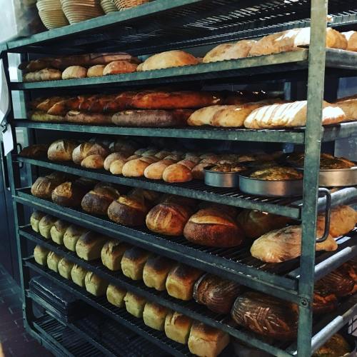 A metal rack filled with various types of freshly baked bread loaves in a bakery.