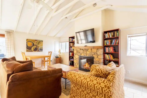 Cozy living room with a stone fireplace, bookshelves, and a dining area, featuring bright natural light and a warm atmosphere.