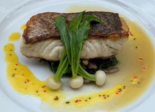 A beautifully plated piece of seared fish atop sautéed greens, garnished with small vegetables and a drizzle of sauce.