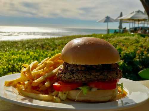 A delicious burger with lettuce and tomato, served with fries, against a scenic ocean backdrop.