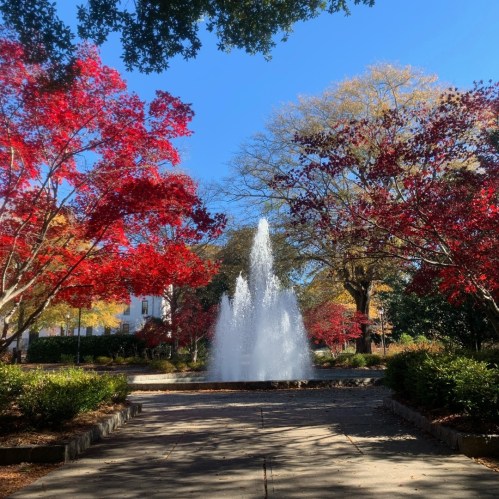 A fountain surrounded by vibrant red and yellow trees under a clear blue sky.