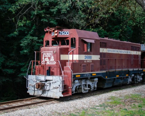 A vintage red and cream locomotive on a gravel track surrounded by green trees.
