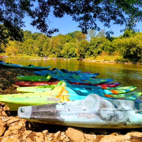 Colorful kayaks lined up on a rocky riverbank, surrounded by lush greenery and a clear blue sky.