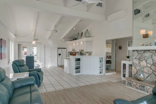 Bright, open living space featuring a kitchen, stone fireplace, and comfortable seating in a modern design.