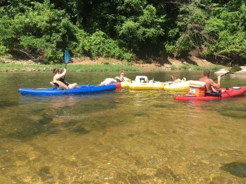 Two kayaks and a canoe float on a clear river, with people enjoying a sunny day outdoors. Lush greenery surrounds the scene.