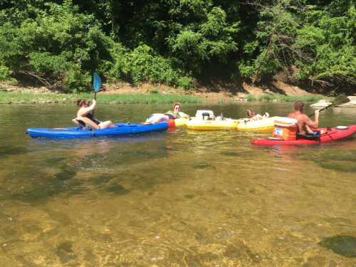 Two kayaks and a canoe float on a clear river, with people enjoying a sunny day outdoors. Lush greenery surrounds the scene.