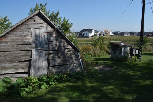 A weathered wooden shed and an old well in a grassy area, with modern houses visible in the background.