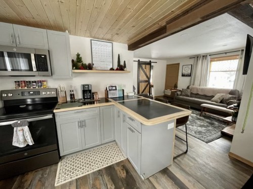 Modern kitchen with gray cabinets, stainless steel appliances, and a cozy living area visible in the background.