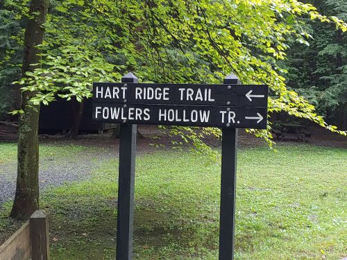 Signpost indicating directions for Hart Ridge Trail and Fowlers Hollow Trail in a wooded area.