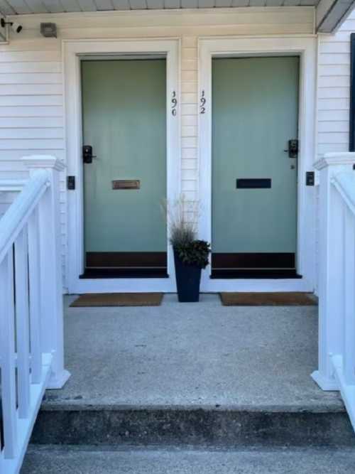 Two identical front doors with green glass panels, flanked by white railings and a potted plant on the steps.