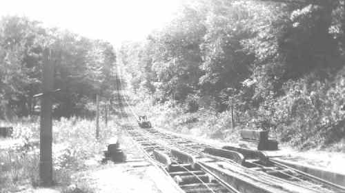 A vintage black-and-white photo of a steep railway track winding through a wooded area.