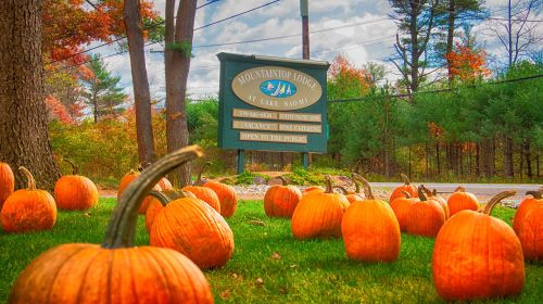 Sign for Mountaintop Lodge at Lake Naomi surrounded by pumpkins and autumn foliage. Open to the public.