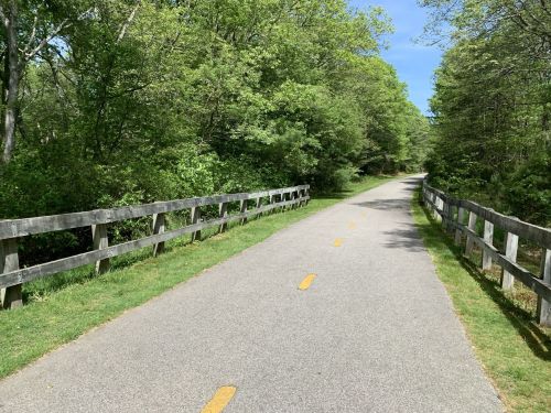 A paved path lined with wooden fences, surrounded by lush greenery and trees under a clear blue sky.