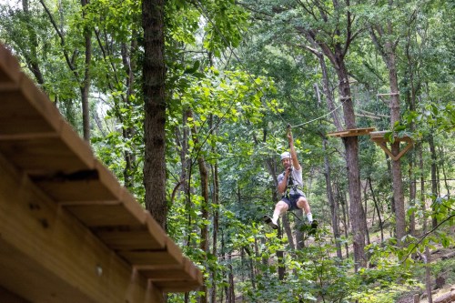 A person zip-lining through a forest, surrounded by trees, with a wooden platform visible in the foreground.
