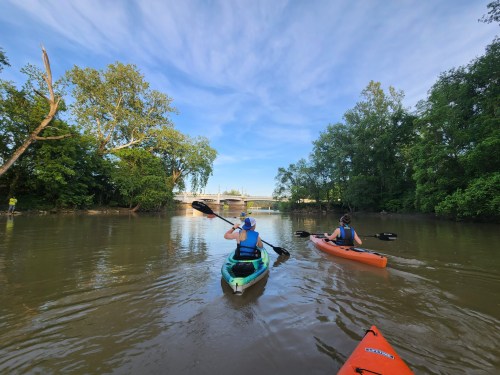 Two kayakers paddle on a calm river surrounded by lush greenery under a clear blue sky.
