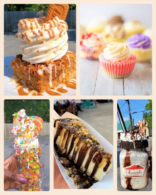 A collage of desserts: a sundae, cupcakes, a colorful ice cream cone, layered cake, and a milkshake with toppings.