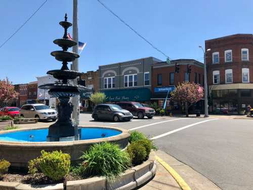 A street view featuring a fountain, shops, and cars under a clear blue sky in a small town.