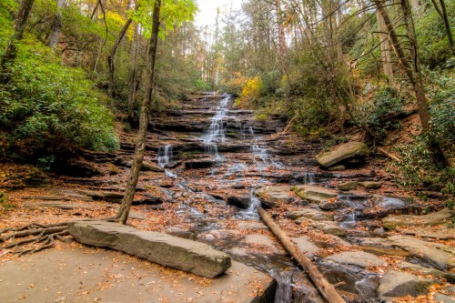 A serene waterfall cascades over rocky steps, surrounded by lush greenery and autumn leaves.