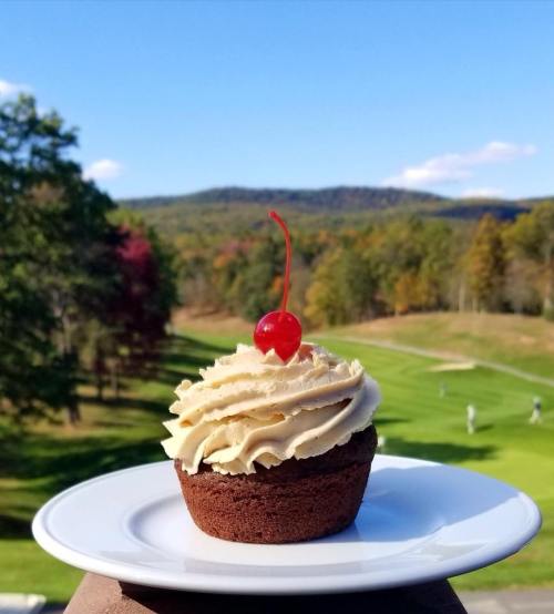 A chocolate cupcake with swirled frosting and a cherry on top, set against a scenic landscape and blue sky.