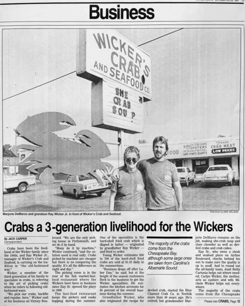 A newspaper article about Wicker's Crab and Seafood, featuring Marjorie DeMarco and Ray Wicker Jr. in front of the restaurant.