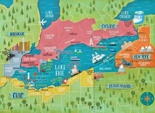 Colorful illustrated map of the Great Lakes region, highlighting states, cities, and notable landmarks around Lake Erie.
