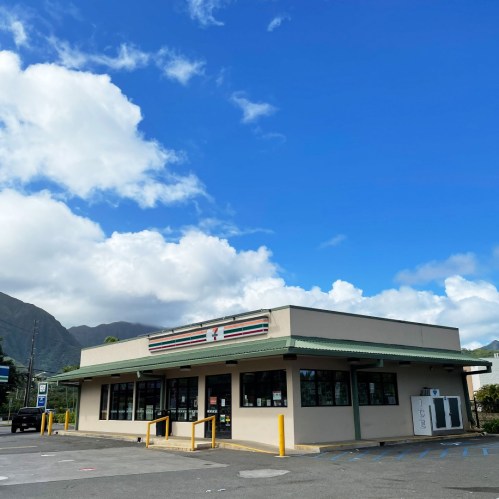 A convenience store with a green roof and large windows, set against a backdrop of mountains and a blue sky.