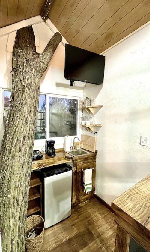 A cozy kitchen with wooden accents, featuring a tree trunk, a small fridge, coffee maker, and a wall-mounted TV.