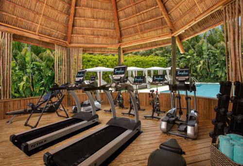 A tropical gym with treadmills and exercise equipment under a thatched roof, overlooking a pool and lush greenery.