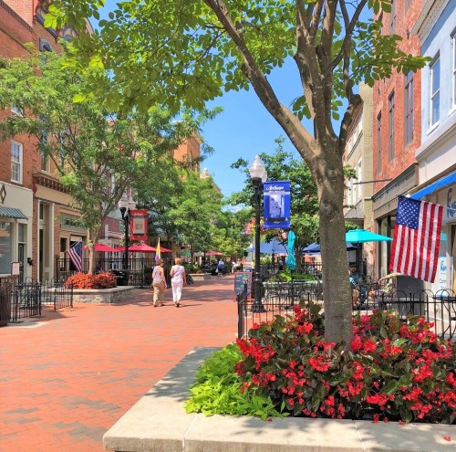 A vibrant street scene with shops, flowers, and people walking under a clear blue sky, featuring American flags and outdoor seating.