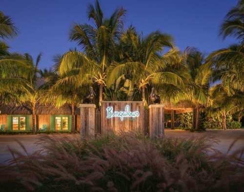 A tropical resort entrance with a "Bungalows" sign, surrounded by palm trees and lush greenery at dusk.