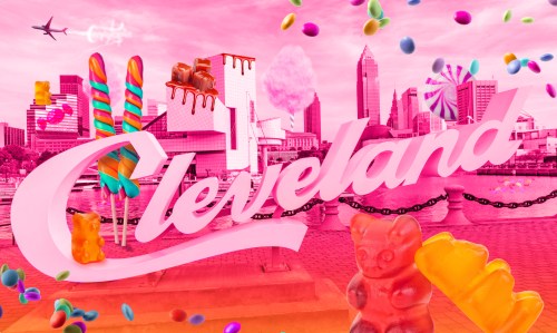 Colorful graphic featuring "Cleveland" with candy, skyline, and playful elements against a pink background.