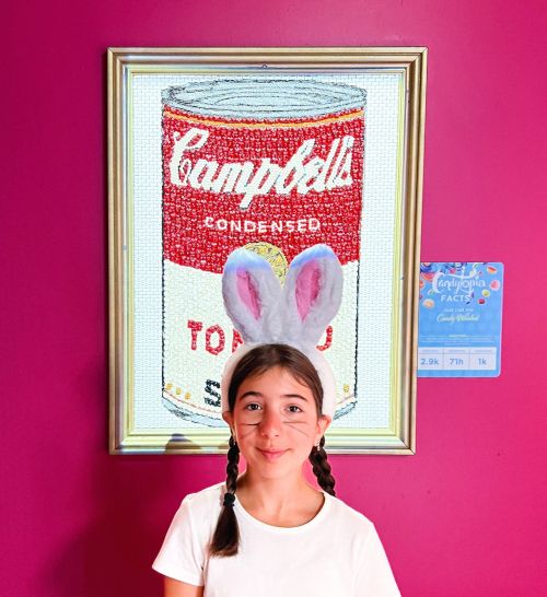 A girl with bunny ears stands in front of a framed Campbell's soup can artwork on a pink wall.
